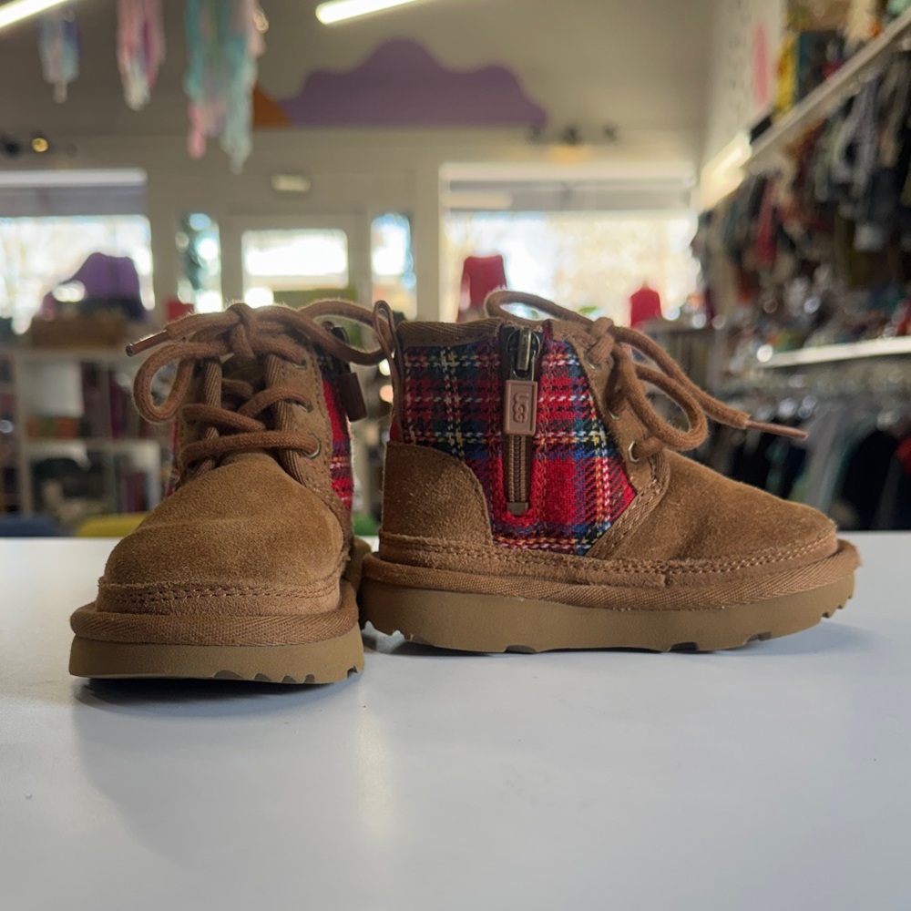 UGG Tan and Red Plaid Kids Boots